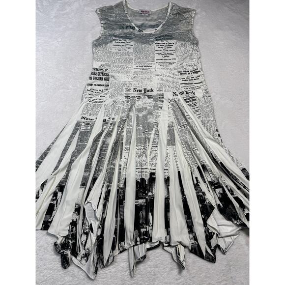Reina VTG Newsprint Full Pleated MIDI Dress Monochromatic Lace Top Size 2 EUC - Picture 1 of 7